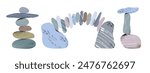Set of stones assembled into pyramids of different shapes. Concept of balance, equilibrium, mental health, harmony in life, work, relationships. Vector illustration of sea pebbles standing in stack.