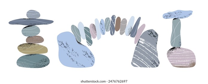 Conjunto de piedras ensambladas en pirámides de diferentes Formas. Concepto de equilibrio, equilibrio, salud mental, armonía en la vida, trabajo, relaciones. Ilustración vectorial de guijarros de mar en la pila.