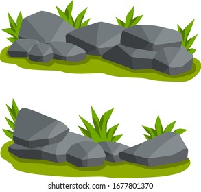 Conjunto de piedras para el fondo. Bosques y zonas montañosas. Granito de fondo blanco. Piedra cobrosa gris con musgo y pasto