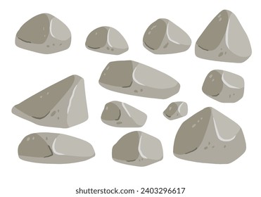 Set of stones. Beige cobblestone. Element of nature and mountains. Items for decoration and background. Flat cartoon. Boulder cobble debris. Block granite material.