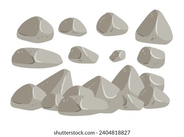 Satz von Steinen. Beiger Kopfstein. Element der Natur und der Berge. Gegenstände für Dekoration und Hintergrund. Flacher Cartoon. Kobelschutt aus dem Boulder. Blockgranitmaterial.
