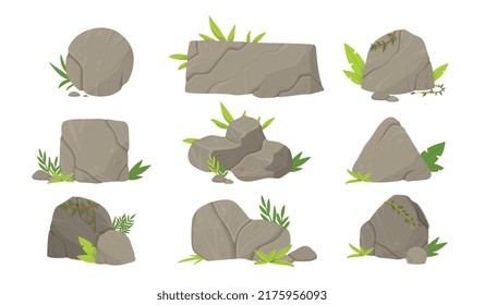 Set of stones. Collection of graphic elements for creating landscape. Rocks with grass, nature and environment. Shapes of cobblestones. Cartoon flat vector illustrations isolated on white background