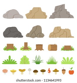 Set of stones of different shapes, forest stumps, logs, bushes, grasses, and mushrooms. Vector modern illustration