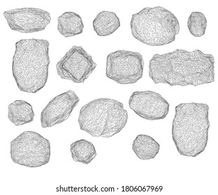 Set with stones of different shapes isolated on white background. Wireframe of stones. 3D. Vector illustration