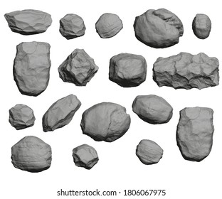 Set with stones of different shapes isolated on white background. Low poly gray stones. 3D. Vector illustration