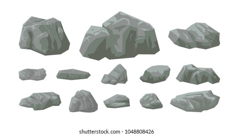 A set of stones of different shapes and sizes. Vector illustration. Isolated on a white background.