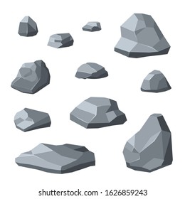 
Set of stones in a flat style, for games, locations, scenes. Gray stones of different sizes and shapes for your design.