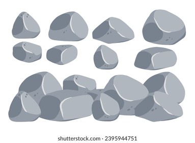 Satz von Steinen. Grauer Kopfstein. Element der Natur und der Berge. Gegenstände für Dekoration und Hintergrund. Flacher Cartoon. Kobelschutt aus dem Boulder. Blockgranitmaterial.