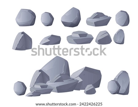 Set of stones or gray cobblestones elements for game or design kit, realistic vector illustration isolated on white background. Solid blocks and stones collection.