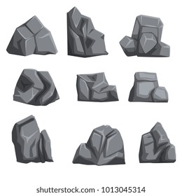 Set of stones with lights and shadows. Rock landscape design elements of different shapes and shades of gray. Flat vector isolated on white