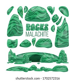 Set of stones malachite, soil, cobblestone. Collection for your design in cartoon style. Isolated vector.