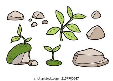 Set of stones and moss and sprouts growing on them color variation for coloring page isolated on white background
