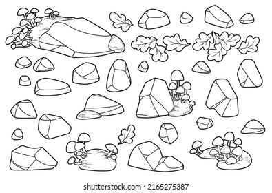 Set of stones and moss with toadstools growing on them linear drawing for coloring isolated on white background