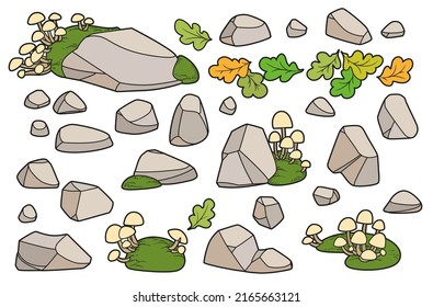 Set of stones and moss with toadstools growing on them color variation for coloring page isolated on white background