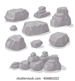 Set of stones, rock elements different shapes cartoon style set, flat design, isometric stones  vector