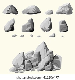 Set of stones, rock elements different shapes and shades of gray, cartoon style boulders set, flat design, on white background, you can simply regroup rocks, vector  