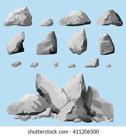 Set of stones, rock elements different shapes and shades of gray, cartoon style boulders set, flat design, you can simply regroup rocks, vector  