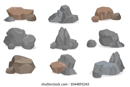 Conjunto de piedras y rocas para el diseño de juegos, conjunto de gemas, varias piedras grises y marrones aisladas en fondo blanco ilustración vectorial colección de rocas