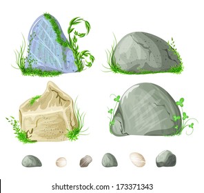 set of stones, rocks with grass, moss elements for design