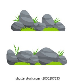 Set of stones. Scenery of nature, forests and mountains. Flat cartoon illustration. Decorative element. Grass and green plants. Pile of rubble