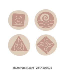 set of stones with signs of the elements. The four signs are air, water, wind, and earth. Flat color illustration. Suitable for fantasy projects, books, games, and artwork related to magic, alchemy