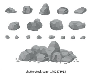 Set of stones in the style of 3D isomerism. Stones of different shapes for web design. Rock stone set cartoon. Stones and rocks