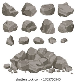 Set of stones of various shapes. Rocks and debris of the mountain. Huge block of stones