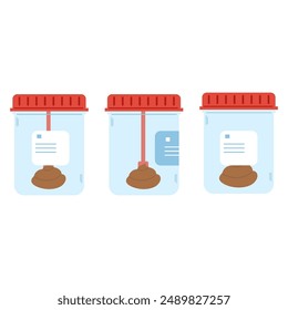 Set Stuhlanalyse in Bechern. Poop-Test. Kunststoffbehälter mit Kotprobe