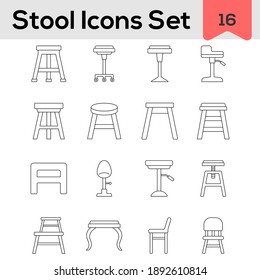 Set Of Stool And Chair Icon In Black Line Art.