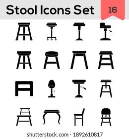 Set Of Stool And Chair Icon In Glyph Style.