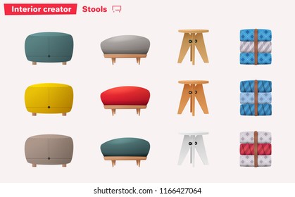 Set of stools for home and office design. Cartoon vector illustration. Interior creator.