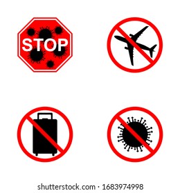 set stop airplane, stop travel, stop coronavirus icons