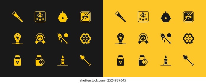 Set Stop bee, venda em jarra de mel, vara de mergulhador de mel, vela queimando, melhor, colmeia para abelhas, faca apicultura e ícone do tipo. Vetor