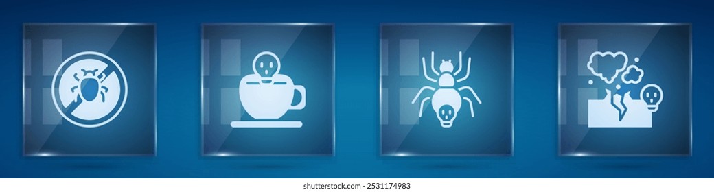 Set Stop colorado beetle, Coffee cup with skull, Poisonous spider and cloud gas smoke. Square glass panels. Vector