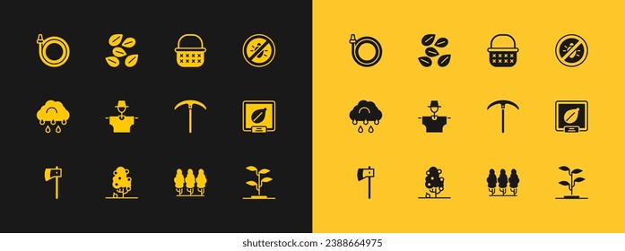 Set Stop colorado beetle, Fruit tree, Pickaxe, trees, Scarecrow, Wicker basket, Garden hose and Seeds of specific plant icon. Vector
