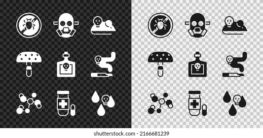 Set Stop colorado beetle, Gas mask, Experimental mouse, Chemical formula, Antidote, Acid rain, Fly agaric mushroom and Bottle with potion icon. Vector