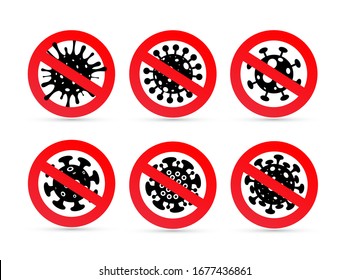 Set of stop coronavirus. Sign caution coronavirus. Coronavirus outbreak. Coronavirus danger, public health risk disease and flu outbreak. Pandemic concept with dangerous cells. Isolated on background.