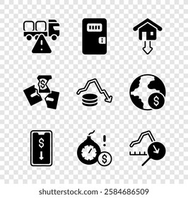 Set Stop delivery cargo truck, Prison cell door, Falling property prices, Mobile stock trading, Money bomb dollar crisis, Global economic, Tearing money banknote and Dollar rate decrease icon. Vector