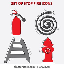 set of stop fire symbols (be aware, be ready, be prepare, save lives, fire safety, prevent fire, campaign) flat vector illustration