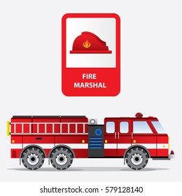 set of stop fire symbols (fire truck, extinguisher, hose, ladder) flat. vector illustration