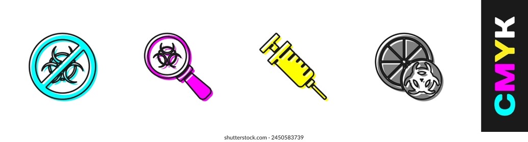 Set Stop GMO, Biohazard and magnifying glass, Syringe and Genetically modified orange icon. Vector