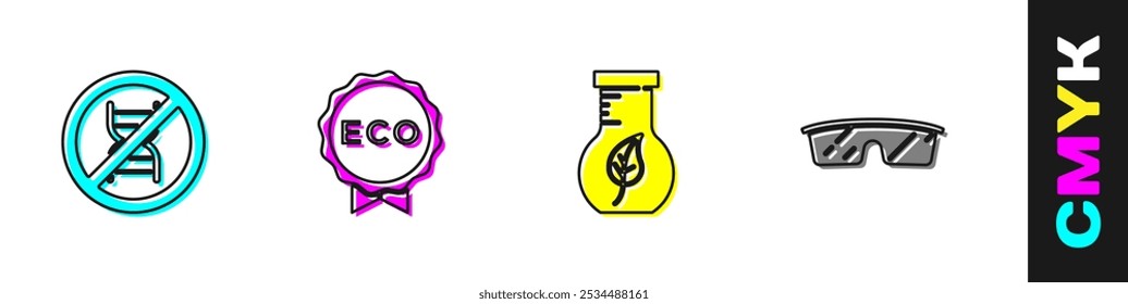 Set Stop GMO, Label for eco healthy food, Test tube and flask and Laboratory glasses icon. Vector