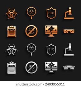 Set Stop GMO, Microscope, Laboratory glasses, Genetic engineering modification, Shield for bio healthy food, Biohazard symbol and and magnifying icon. Vector