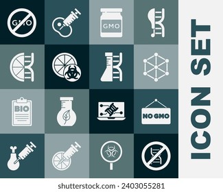 Set Stop GMO, No, Genetically modified orange,  and DNA research, search icon. Vector