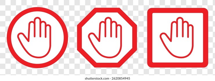 set of stop hand sign. stop hand icon.