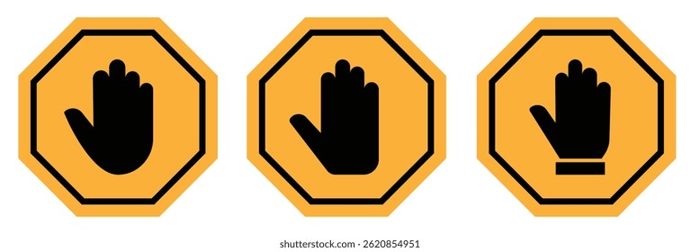 Conjunto de señal de mano de parada. Icono de mano de parada.