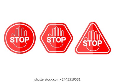 Set of stop hand signs. Red warning symbols. Safety and caution icons. Traffic stop concept. Vector illustration. EPS 10.