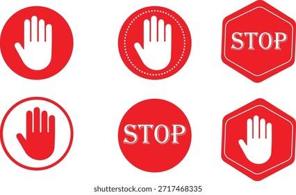 Set von Stopp-Handzeichen in Rot mit verschiedenen Formen - Stopp-Aktion, Stopp-Bewegung, kein Eintritt, und Stopp-Signal-Symbole für die Verkehrs- und Sicherheitskontrolle, Einschränkungen des öffentlichen Bereichs, Arbeitsplatzregulierungsschilder und Notrufmeldungen.