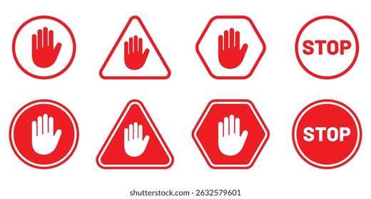 Conjunto de colección de icono de calle de mano parada. Conjunto de iconos de parada estilo plano Señal de mano de parada con texto. Señal de alto roja. Ilustración vectorial. EPS 10