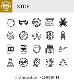 Set von Stopp-Symbolen. Bremse, keine Bombe, Bus, Höhenbegrenzung, Moskito, Bettbug, Verbotene, Hände, Ampeln, Bushaltestelle, Videospieler, Zigarette, Autobahn, Korruption, Stoppsymbole